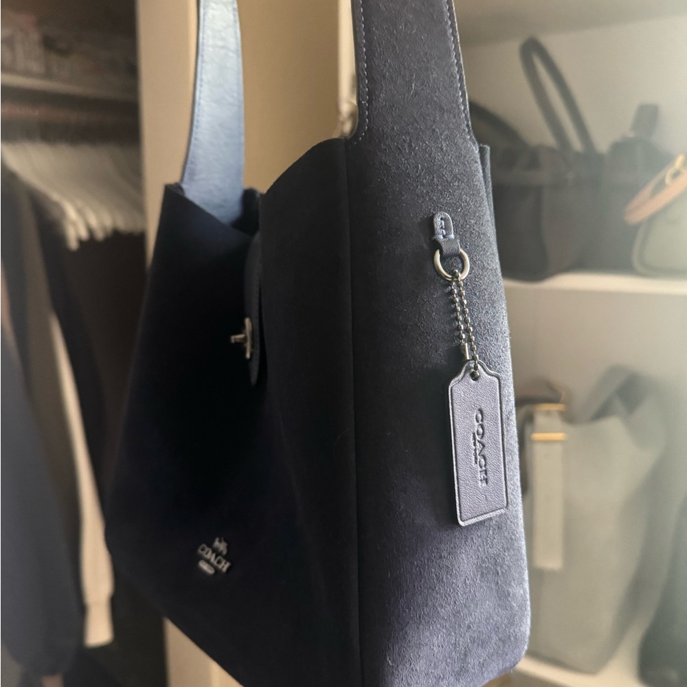 Coach Navy Suede Shoulder Bag with Hang Tag